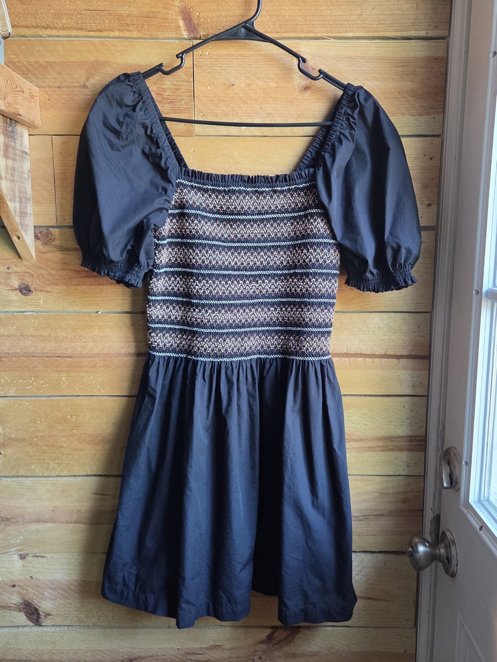 Smocked Square-Neck Dress with Puff Sleeves - Black